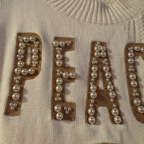NWOT Pol Cream Sweater with Pearl and bead embellished Peace Sign - Picture 3 of 4